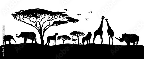 African landscape silhouettes of animals. hand drawing. Not AI, Vector illustration