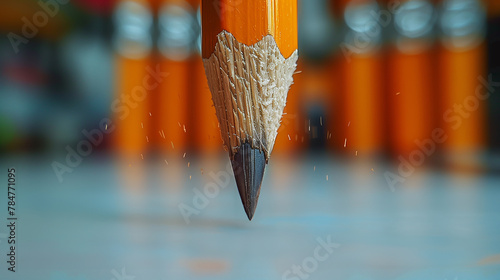 Close-up of an orange pencil on a white surface. The concept of the beginning of the school year. photo