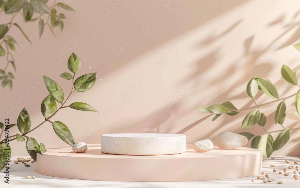 3D rendering of a viewing platform with tropical leaves and a scene of coral and stones. Product concept and advertising promotion. Natural background 3D rendering of a viewing platform with tropical leaves and a scene of coral and stones. Product concept and advertising promotion. Natural background