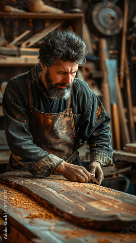 studio shot of A carpenter working on traditional wooden furniture, realistic travel photography, copy space for writing