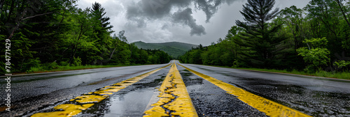 Rain-Washed New Hampshire Road Amidst Verdant Forests Under Overcast Skies