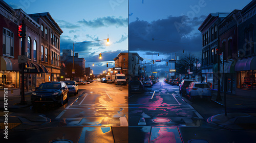 Compare and Contrast: Normal Eye Vision versus Night Blindness Symptoms in a Street Scene at Dusk photo