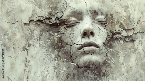 sculpture rough textured cracked face art of girl World Schizophrenia Day on may 24 business brochure banner design autism, Stroke, Epilepsy and alzheimer awareness, seizure disorder, stroke, ADHD photo