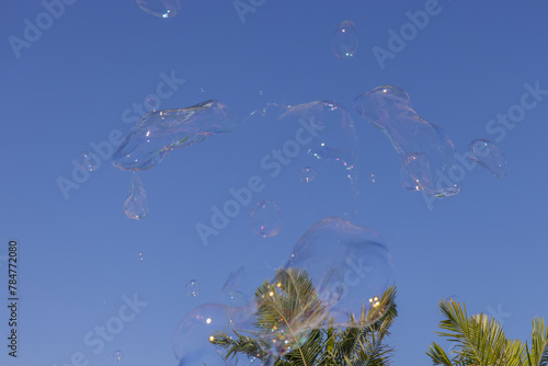 Bubbles blowing in the wind at the park.