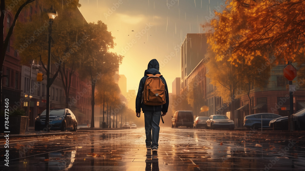 Fototapeta premium kid walking to school in the morning, rainy sunrise