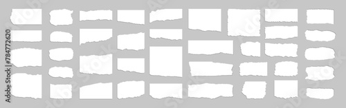 Collection of torn, ripped pieces of white color paper. Ripped paper strips. Vector illustration