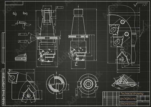 Mechanical engineering drawings on black background. Tap tools, borer. Technical Design. Cover. Blueprint. Vector illustration.