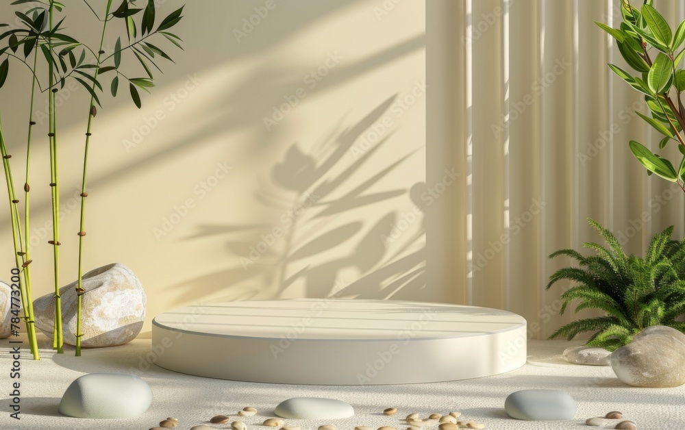 3D rendering of a viewing platform with tropical leaves and a scene of coral and stones. Product concept and advertising promotion. Natural background 3D rendering of a viewing platform with tropical leaves and a scene of coral and stones. Product concept and advertising promotion. Natural background