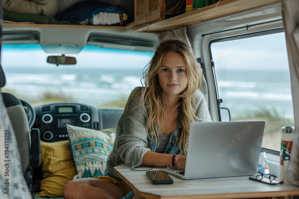 Blonde woman looks at the camera for a photo, while working with her laptop on the table with her cell phone, in her camper van, parked in front of the beach