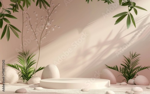 3D rendering of a viewing platform with tropical leaves and a scene of coral and stones. Product concept and advertising promotion. Natural background 