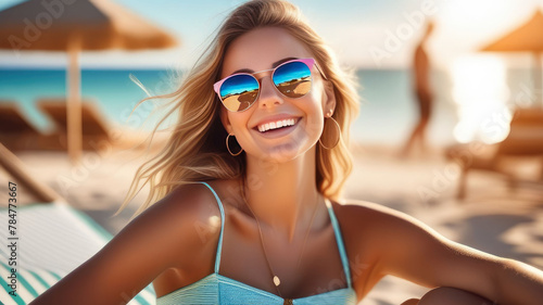 The concept of relaxation, vacation, day off. A girl in a blue swimsuit with long blond hair lies on the sand on the beach in the summer against the backdrop of the sea and palm trees on a sunny day.