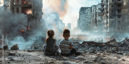 Children sitting in front of a ruined ruined city Generative AI