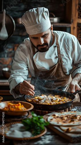 studio shot of A chef sharing the secret recipe for a local delicacy, realistic travel photography, copy space for writing