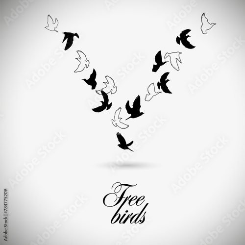 Flying birds silhouette flock. hand drawing. Not AI,  Vector illustration