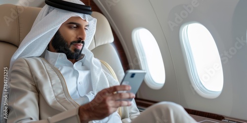Arab businessman in a business jet Generative AI photo