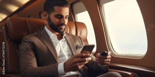Arab businessman in a business jet Generative AI © Roman