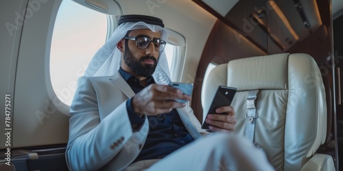 Arab businessman in a business jet Generative AI