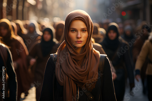 muslim woman walking in the street in the middle east photo