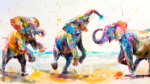 Painting of three elephants on beach with water splashing all over them. photo
