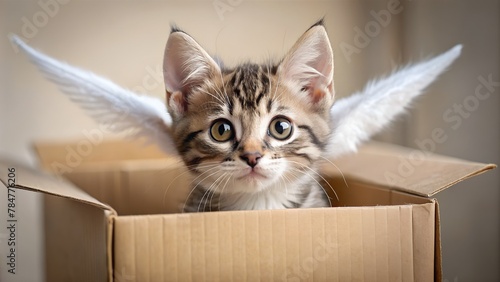 a kitten with wings peeks playfully out of the box