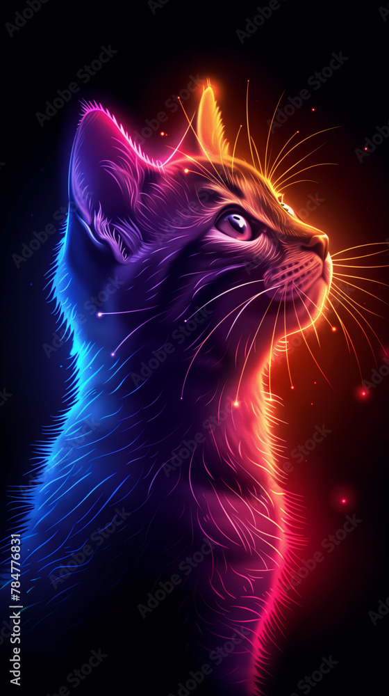 portrait of cat on neon lights and black background