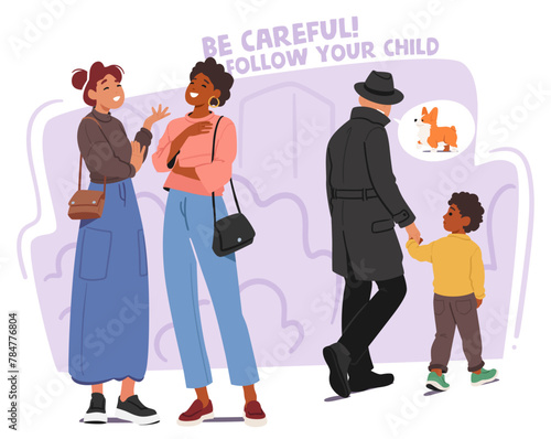 Kidnapper Character Stealing Child From Mother who Chatting with her Friend on Street and Ignoring Kid In Accident