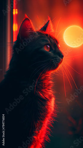 cat on neon lights and black background