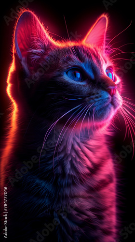 portrait of cat on neon lights and black background