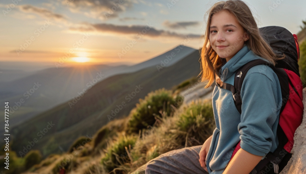 Happy teenager girl spending time outdoor, hiking and exploring nature Happy teenager girl spending time outdoor, hiking and exploring nature