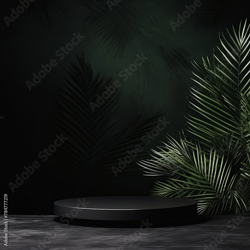 Black background with shadows of palm leaves on a black wall  an empty table top for product presentation.