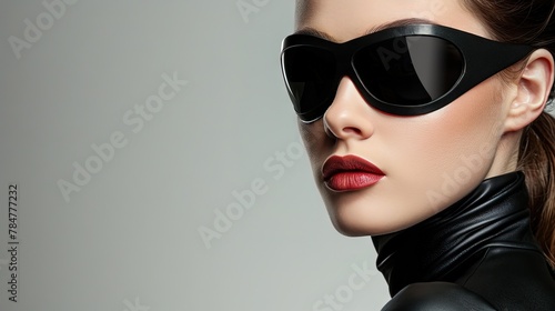woman in leather outfit, complete with sunglasses. grey background photo