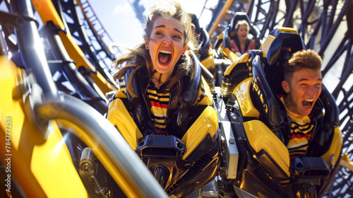 Woman in yellow and black striped shirt is riding roller coaster. photo