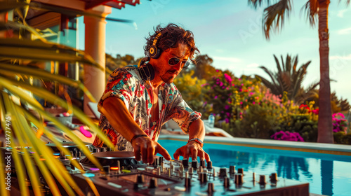 Man with headphones on playing dj set up by pool.