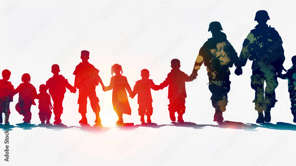 Group of children holding hands and walking across snow covered ground with the sun behind them. Group of children holding hands and walking across snow covered ground with the sun behind them.