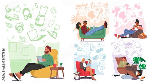 Characters Browse Websites, Compare Prices, And Purchase Items Online. Different People Enjoying The Convenience
