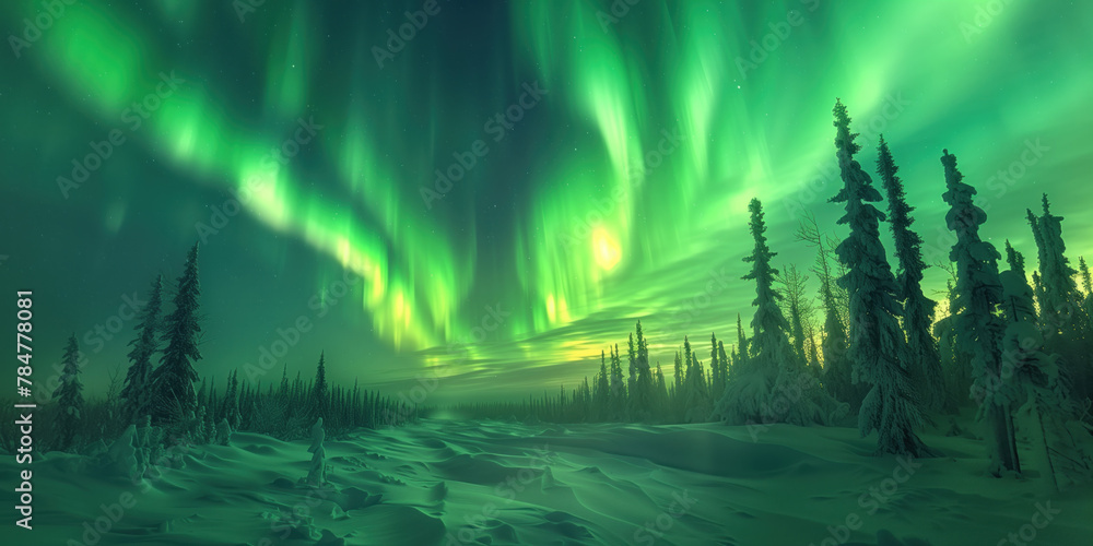 Aurora borealis, northern lights over winter forest