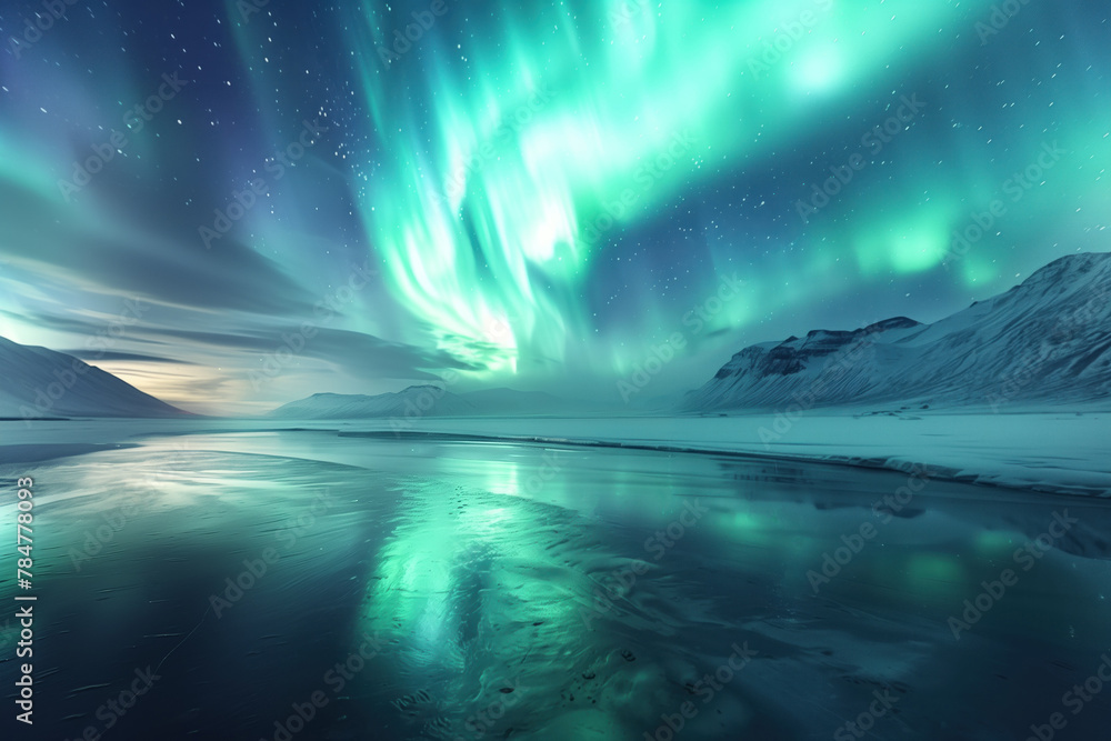 northern lights over the fjord in winter