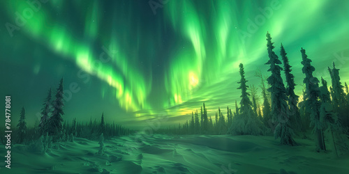 Aurora borealis  northern lights over winter forest