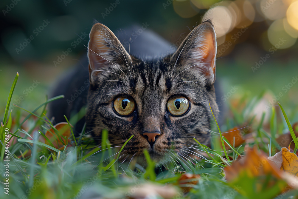 tabby cat hunting outdoor among grass