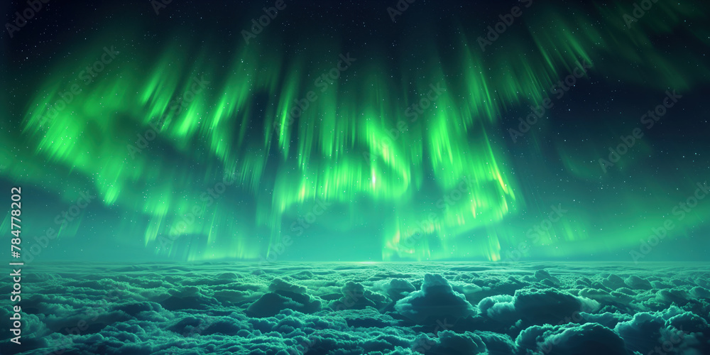 aurora borealis, northern lights in the sky above the clouds, aerial view