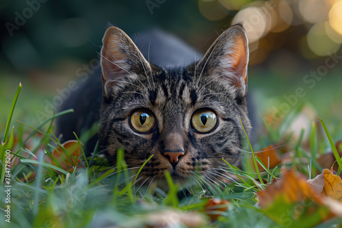 tabby cat hunting outdoor among grass