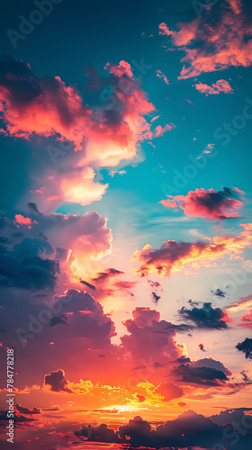 studio shot of A colorful sunset painting the sky with hues of orange and pink, realistic travel photography, copy space for writing