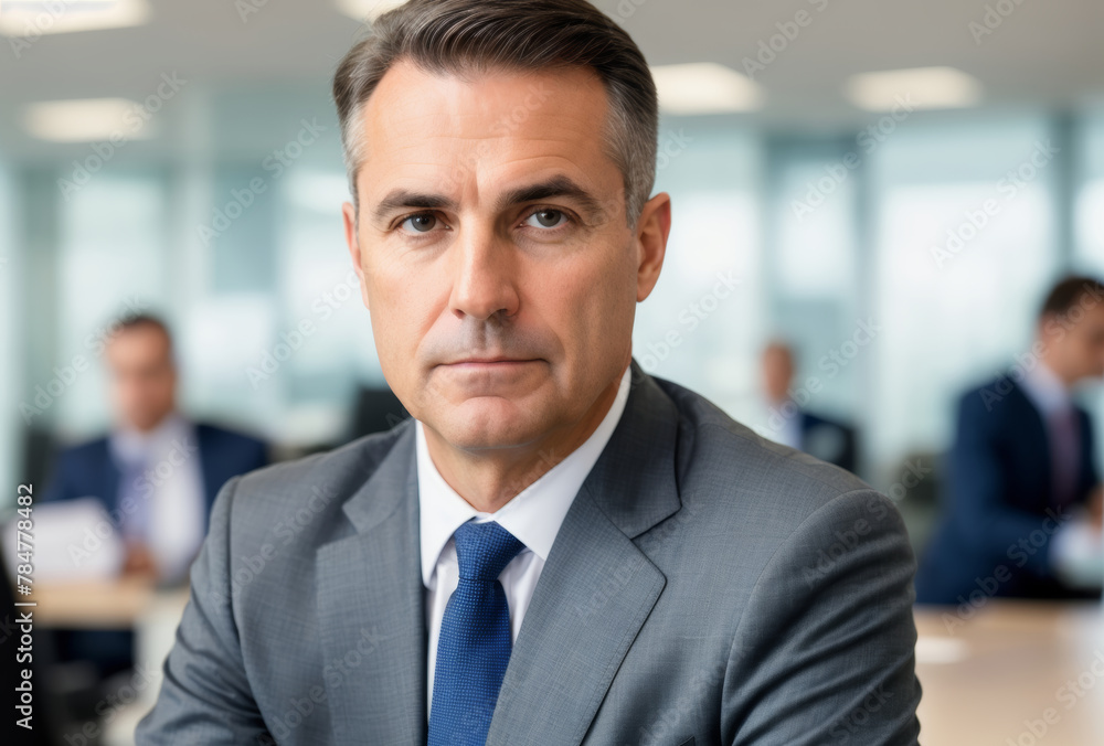 Portrait of a business executive, determined gaze, blurred office environment. AI generated. Portrait of a business executive, determined gaze, blurred office environment. AI generated.