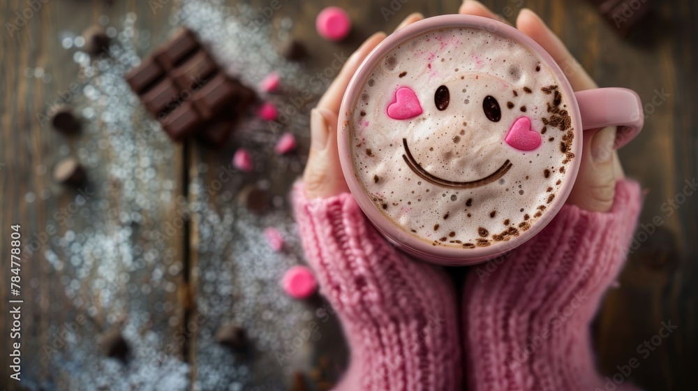 pink cup of coffee with pieces of chocolate and a smiley face on the foam in hands in a pink knitted sweater on a wooden table in a cozy atmosphere. The concept of coziness, breakfast, chocolate day pink cup of coffee with pieces of chocolate and a smiley face on the foam in hands in a pink knitted sweater on a wooden table in a cozy atmosphere. The concept of coziness, breakfast, chocolate day