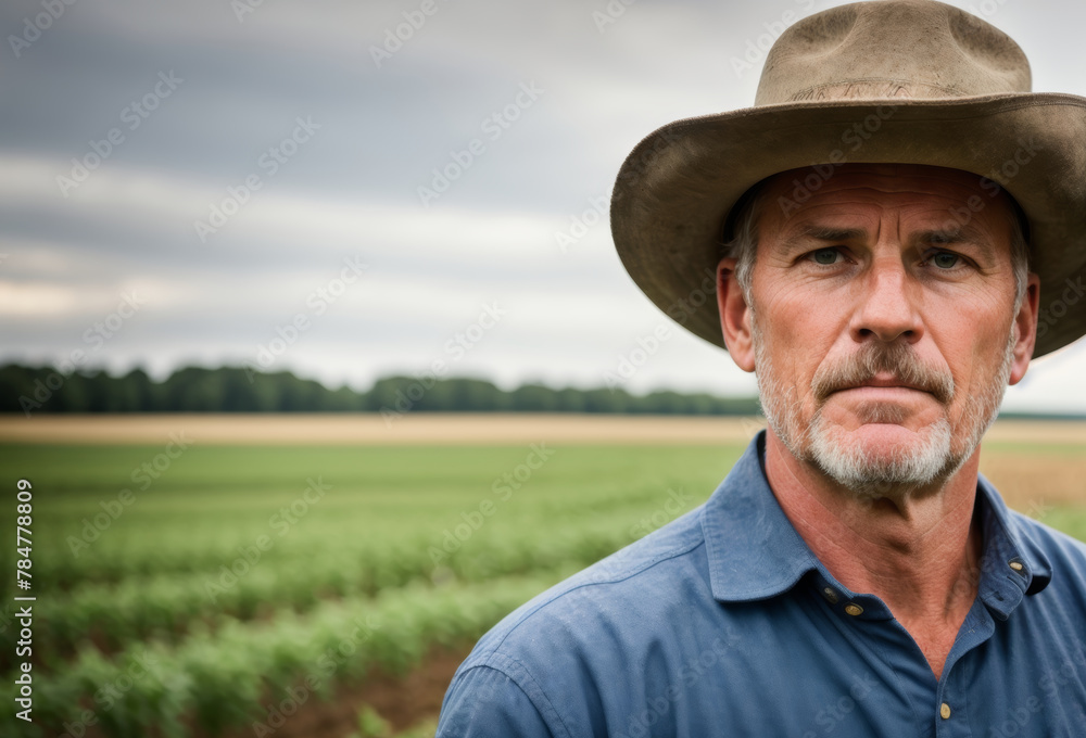 Portrait of a farmer, determined gaze, blurred farm environment. AI generated.
