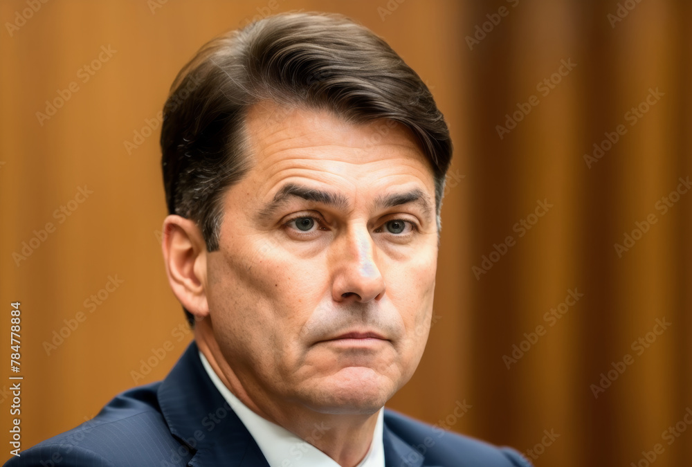 Close-up of a lawyers face, confident expression, blurred courtroom background. AI generated. Close-up of a lawyers face, confident expression, blurred courtroom background. AI generated.