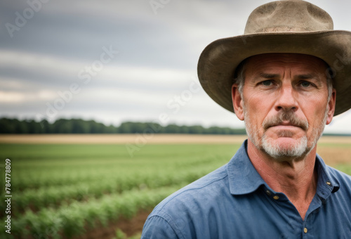 Portrait of a farmer, determined gaze, blurred farm environment. AI generated.
