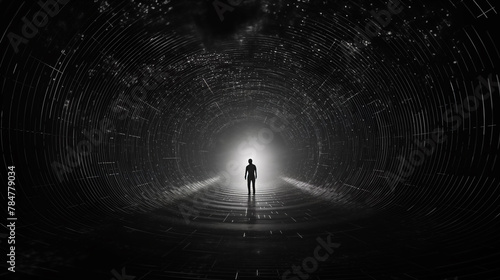 Person passing through the eerie dark tunnel leading to the glowing white light. Afterlife, hope, travel, exploring the unknown. Mysterious portal, gateway to a different dimension.