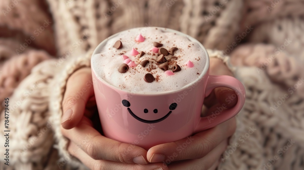 pink cup of coffee with pieces of chocolate and a smiley face on the foam in hands in a pink knitted sweater on a wooden table in a cozy atmosphere. The concept of coziness, breakfast, chocolate day pink cup of coffee with pieces of chocolate and a smiley face on the foam in hands in a pink knitted sweater on a wooden table in a cozy atmosphere. The concept of coziness, breakfast, chocolate day