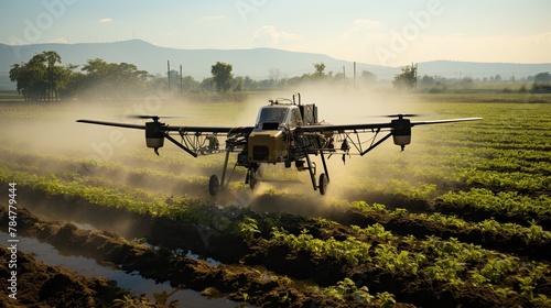drone spraying water on green field, modern agriculture